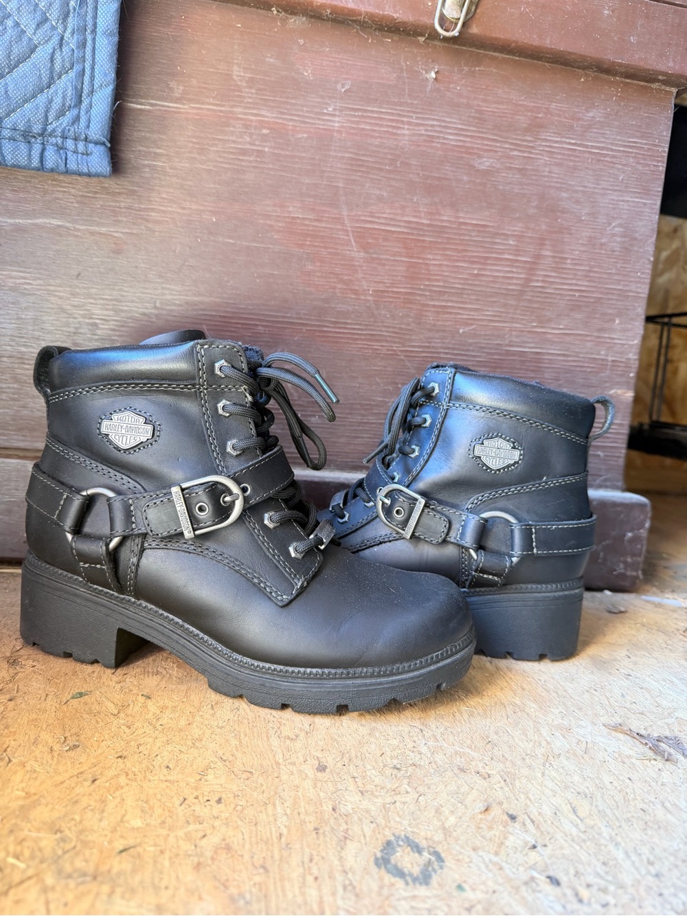 Harley-Davidson Black Leather Lace-Up Harness Ankle Boots